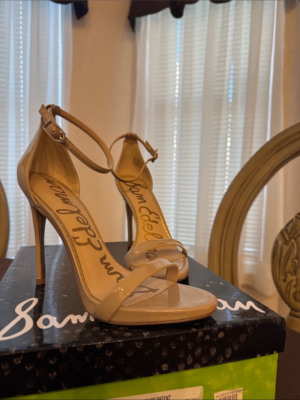 Sam Edelman Beige Patent Ankle-Strap Stiletto Sandals